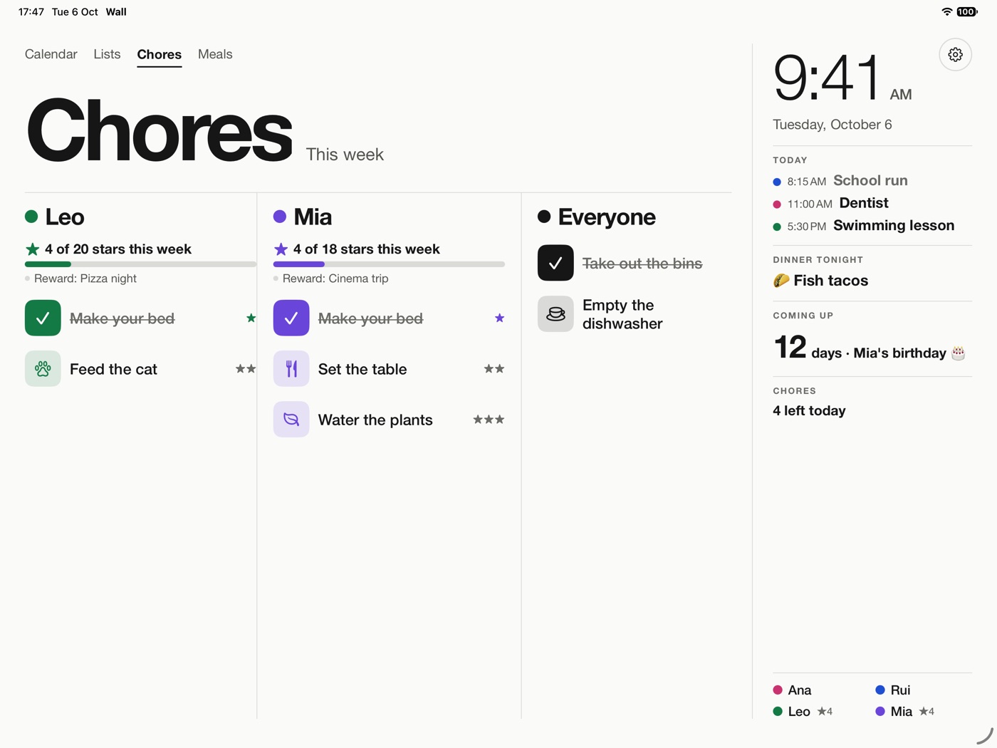 Chores: Leo and Mia each with tasks, stars and a reward for the week